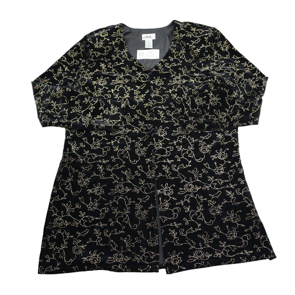 JBS Shirt Womens XL Black Long Sleeve VNeck Floral Shoulder Pads Button Blouse